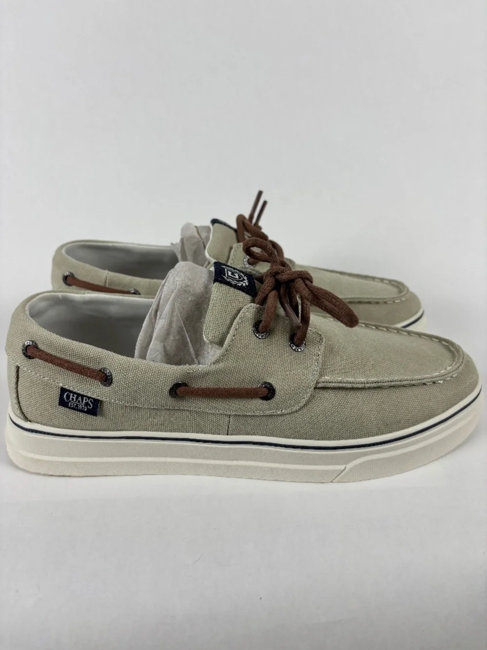 Chaps, Canvas Boat Shoes, Men's 9,, Tan Lace Up, Casual Deck, Memory Foam